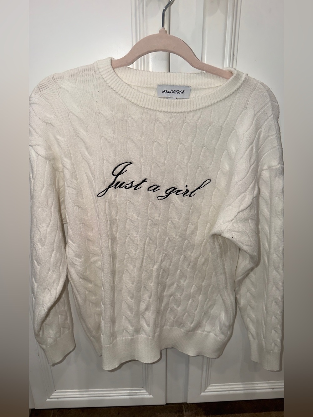 Cream Cable-Knit Crewneck Sweater with 'Just a girl' Embroidery